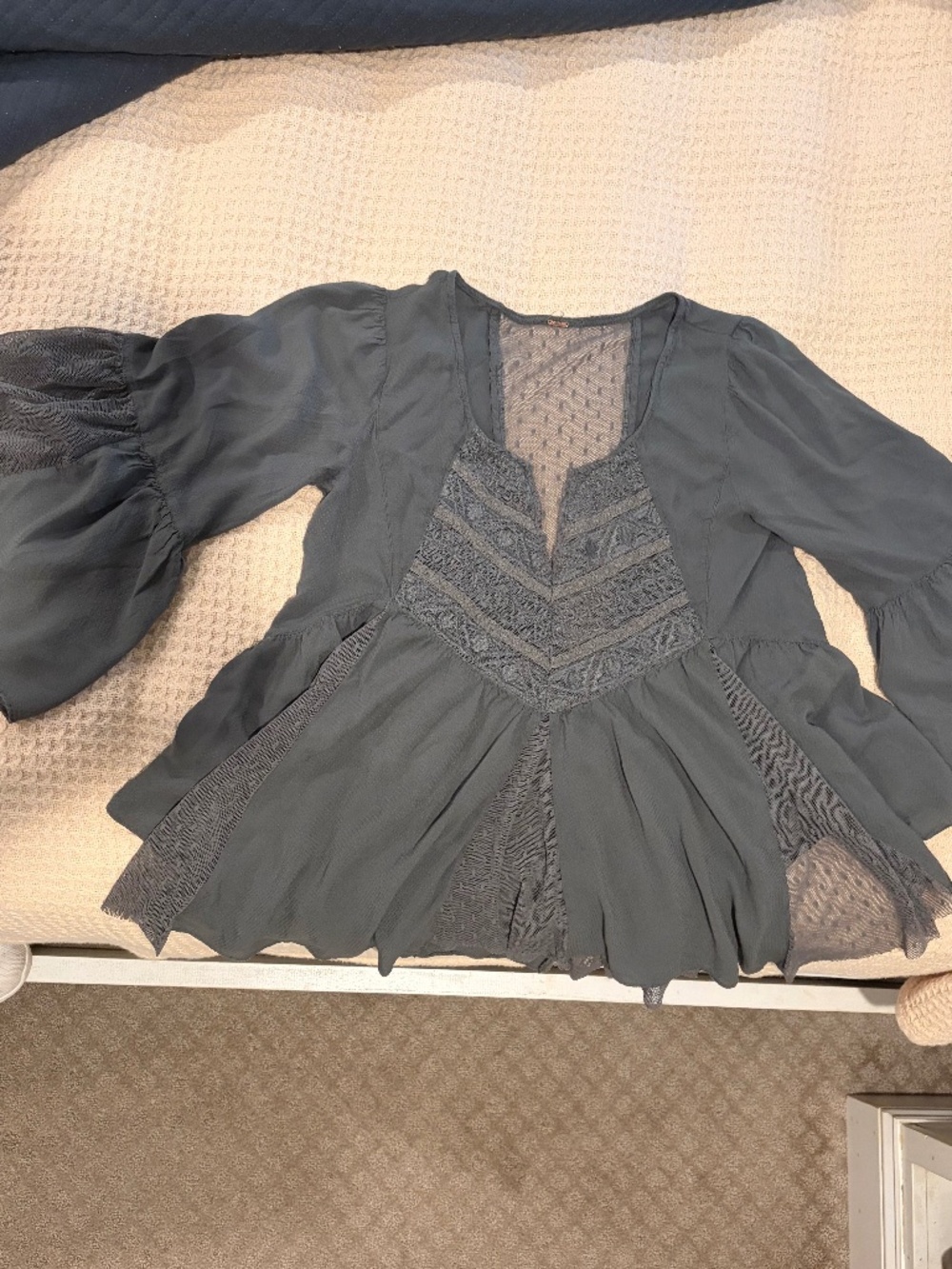 Free People Sheer Swiss Dot Mesh Chevron Lace Bell Sleeve Babydoll Top
